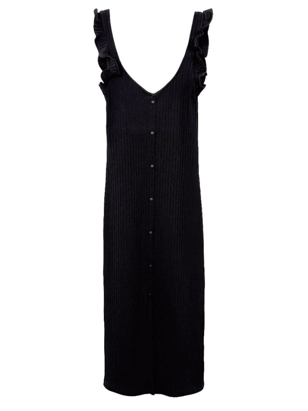 ZARA Button Front Ribbed Bodycon Midi Dress Frill Sleeve Black Size Small